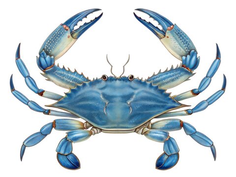 Blue crab isolated on white background. A blue crab with a blue shell and red claws.