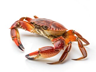 Crab isolated on white background. A crab is standing on a white background. The crab is large and has a red claw.