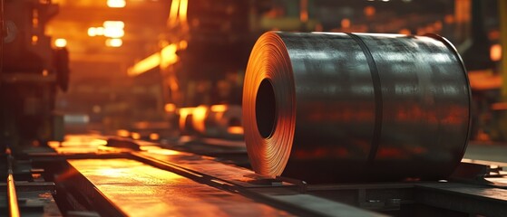 Steel coil on a conveyor belt in a factory