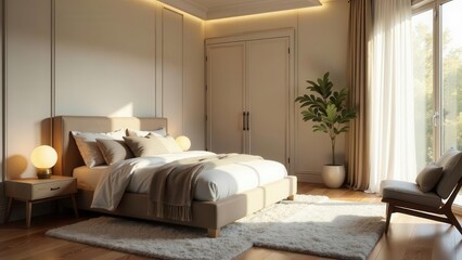 Fototapeta premium Serene Bedroom Interior Design Featuring a Neutral Color Palette and Natural Light