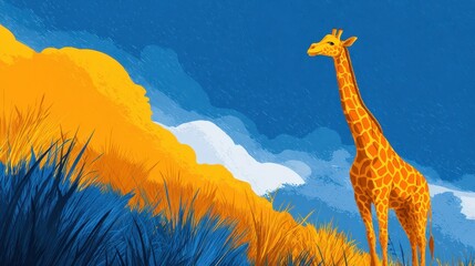 Obraz premium A giraffe stands tall in a vibrant landscape.