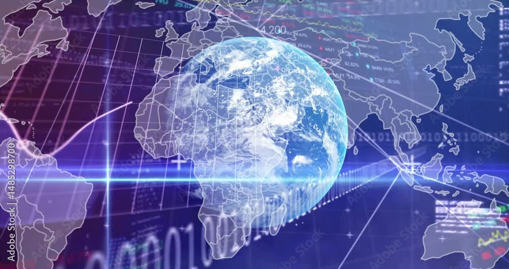 Aufkleber 3d earth globe rotating over network interface, showing gridlines and binary code