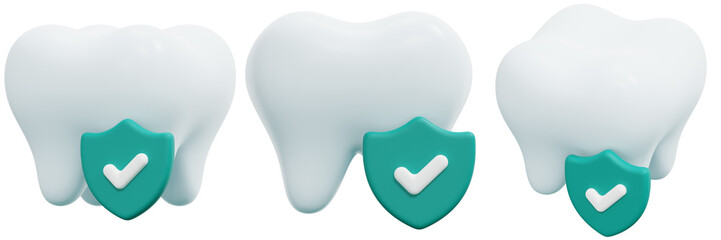Set of 3D Rendered Teeth with Teal Protection Shields 3d Render Icon Illustration