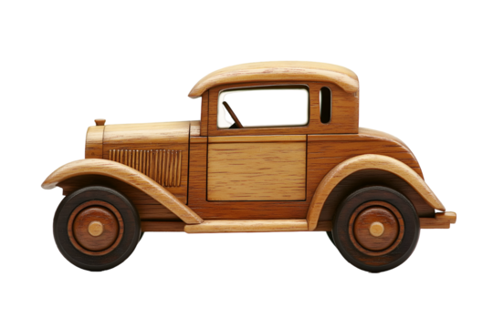 Classic Wooden Car Model on White or Transparent Background for Display
