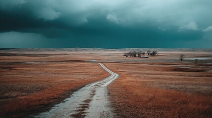 Empty road in dry prairie under storm clouds