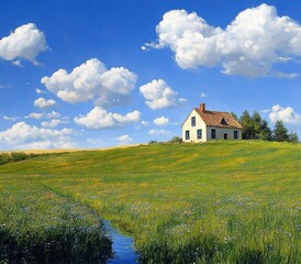 Isolated small white house with a tiled roof on a lush green meadow under a bright blue sky filled with fluffy white clouds