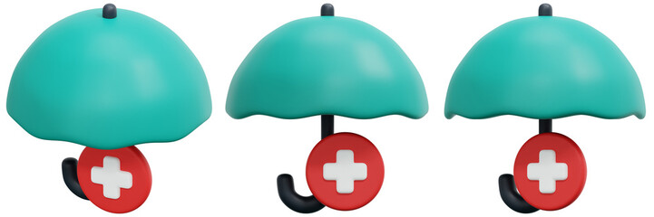 Set of Teal Umbrellas with Red Cross Symbols 3d Render Icon Illustration