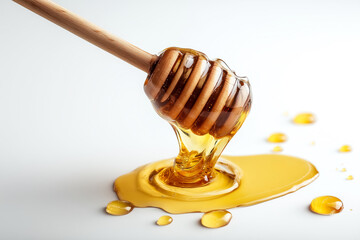 Spoonful of honey is dripping from a wooden spoon