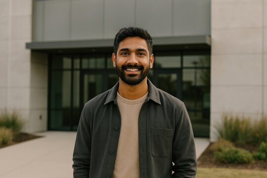 Smiling man outside modern building.