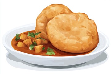 Delicious Indian Cuisine with Savory Fried Bread and Curry Dish