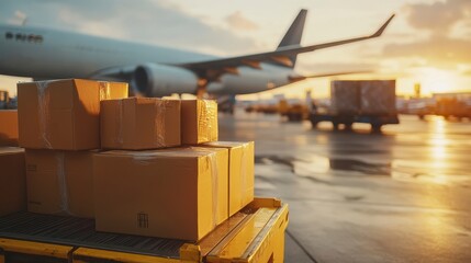 Cargo boxes on a luggage cart at sunset with an airplane in the background. (2)