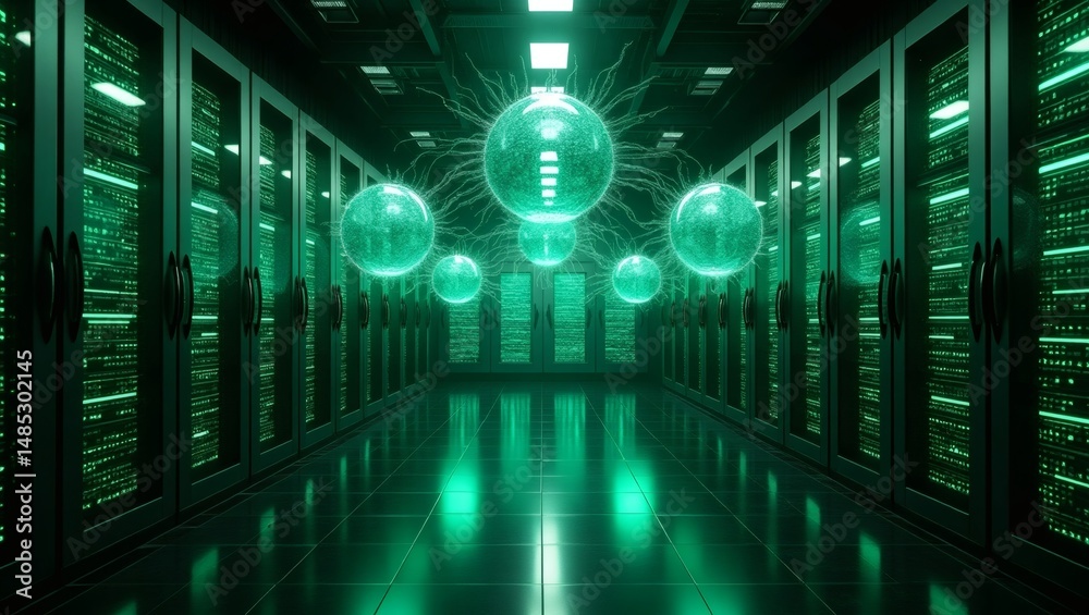 Poster A futuristic data center with glowing spheres and servers, symbolizing advanced technology and information processing
