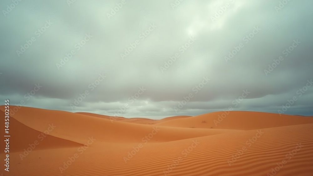 Poster a vast desert landscape under a dramatic, cloudy sky. the rolling dunes create a sense of vastness a