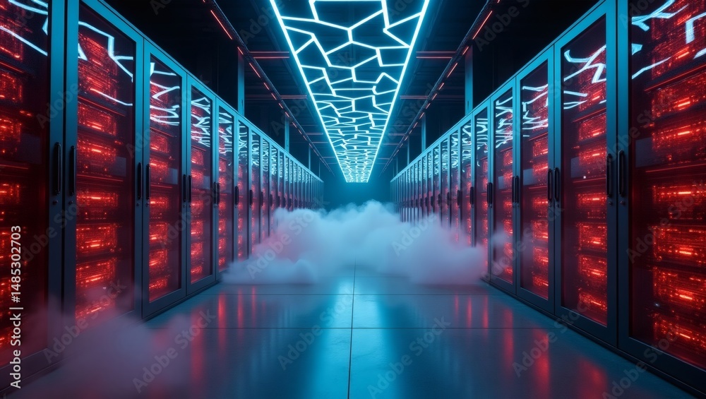 Aufkleber A futuristic data center with rows of servers and glowing lights, creating an atmosphere of advanced technology and high-speed processing. The servers are lit with red light.