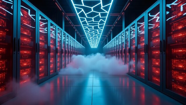 A futuristic data center with rows of servers and glowing lights, creating an atmosphere of advanced technology and high-speed processing. The servers are lit with red light.