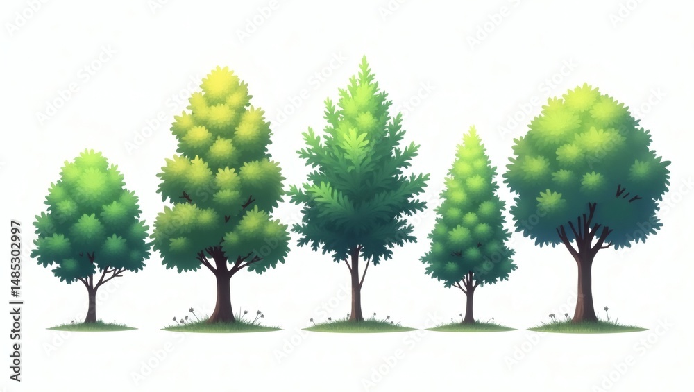 Poster a collection of diverse trees bathed in bright sunlight, their verdant leaves creating a visually appealing display