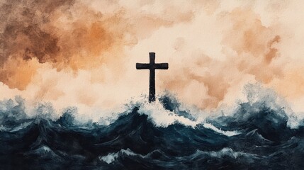 Obraz premium Powerful depiction of a black cross against turbulent ocean waves and a dramatic sky, illustrating themes of faith, hope, resilience, spirituality, and the interplay of light and darkness