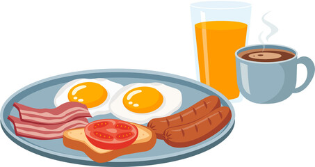 Breakfast time vector design. Traditional american breakfast with bacon, sausage, eggs, toast, tomato, coffee, orange juice.