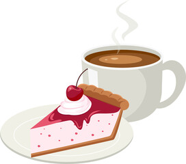 Slice of sweet cherry cheesecake with  a cup of coffee.National Cherry Cheesecake Day.  Cup of espresso coffee.Vector illustration