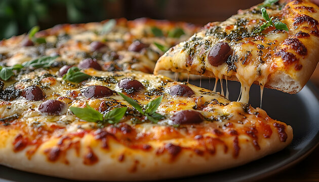 Delicious pizza with melted cheese and mushrooms