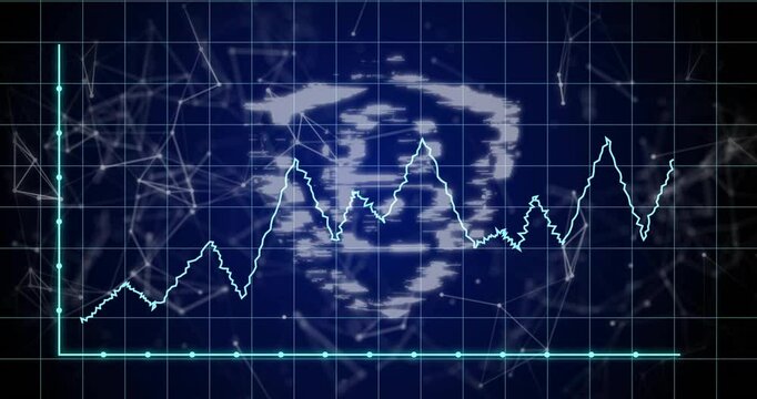 Neon zigzag line chart fluctuating over light-blue grid with network nodes glowing in flat design