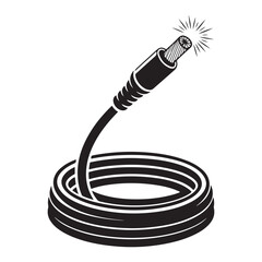 A coiled black electrical cable with a connector in a stylized illustration, Vector black silhouette. with white background