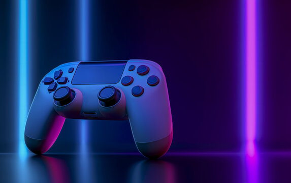 Gaming controller against neon colorful background. Video games header with empty space for promo or social media post.