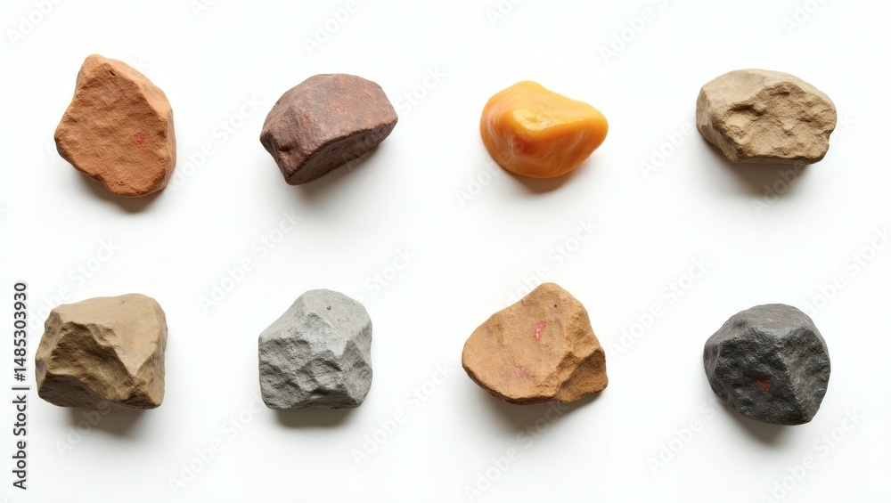 Poster eight varied shaped stones each with a unique color and texture, arranged in a grid pattern. These stones showcase a spectrum of natural hues and textures.