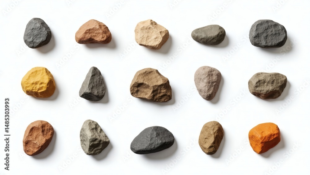 Poster a collection of various shaped rocks. some are brown, some are grey and some are red