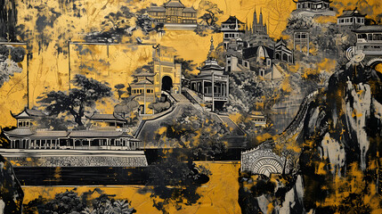 Fototapeta premium Gold black and white traditional city architecture art illustration abstract background decorative painting