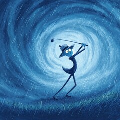 A whimsical illustration of a figure playing golf in a stormy scene.