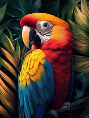 Fototapeta premium Colorful scarlet macaw parrot perched among tropical foliage