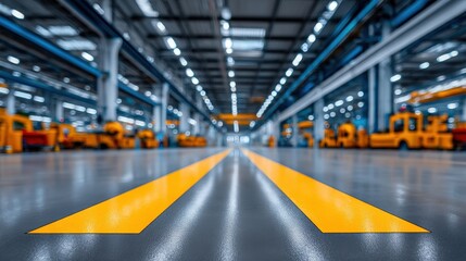Fototapeta premium Industrial workspace featuring shiny floor with yellow guide lines blossoming under bright overhead lights showcasing an organized and efficient manufacturing environment
