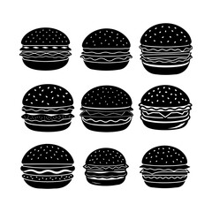 Variety of Burger Collection : A detailed collection of diverse, monochromatic burgers, inviting a sense of savory anticipation.