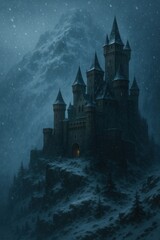 Mysterious castle amidst snowy mountains.