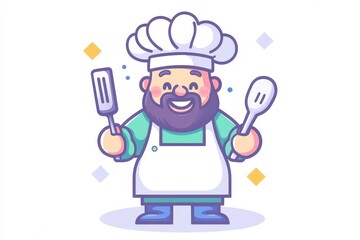Happy Cartoon Chef Holding Spatula and Spoon in Kitchen Setting