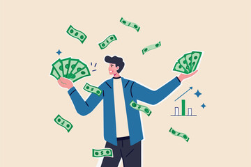 Earn money or make profit investing, easy cash or loan, investment professional or expert, wealth management or success investor concept, rich businessman hold pile of money banknote and growth chart.