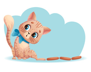 Cute cat is trying to get sausages. A charming, cunning animal with a bow around its neck. Isolated vector illustration for design, prints and patterns