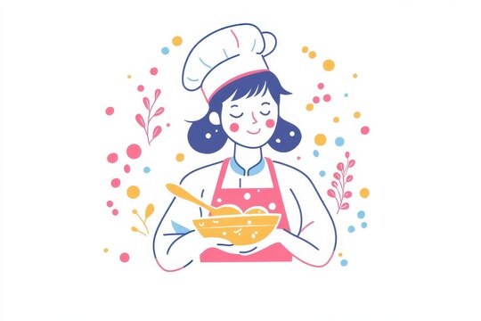 Happy Chef Holding Bowl with Mixing Ingredients and Colorful Decor