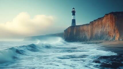 Lighthouse guiding ships through stormy seas at dawn