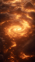 A surreal vertical background showing a swirling spiral of glowing orange light beneath thick clouds. Resembles lava or a galactic storm. Ideal for dramatic, sci-fi, or energy-themed design projects.