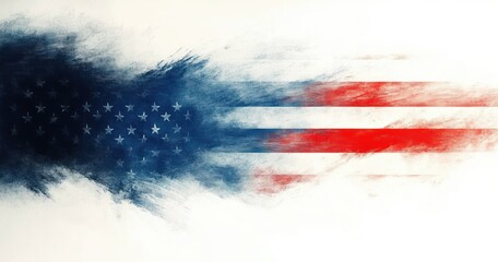 Abstract artistic representation of the American flag with blue stars and red and white stripes blending into a white background, evoking patriotism and dynamic motion