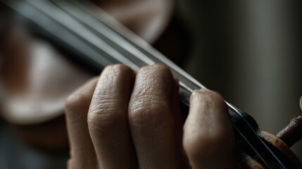 Close-up of fingers delicately playing violin strings, capturing the intimate, artistic essence of music creation.
