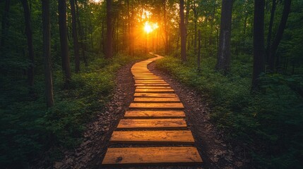 Fototapeta premium A winding wooden pathway through a forest at sunset, inviting exploration in a tranquil natural setting