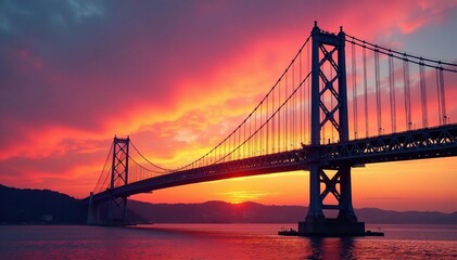 Majestic bridge tower against a vibrant sunset sky Steel structure, architectural detail, urban landscape , architecture, graphic, sunlight