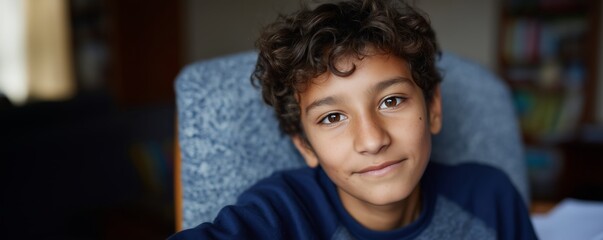 Naklejka premium Curly-haired hispanic young boy smiling in cozy indoor setting