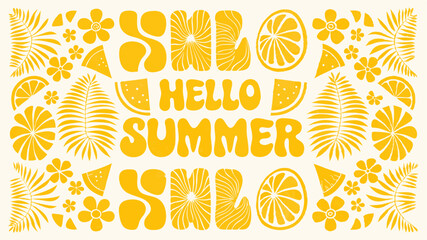 Yellow summer themed design with flowers, leaves, citrus fruits, and watermelon slices and hello summer text