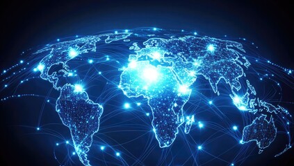 Fototapeta premium A digital globe made of glowing connections, representing global connectivity and the internet's impact on world peace, with a dark blue background..