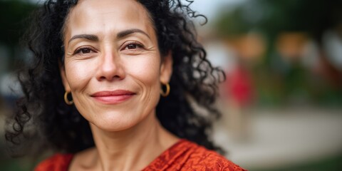 Confident mature hispanic female smiling outdoors in vibrant setting
