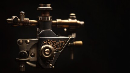 Steampunk-style tattoo machine on black. Antique brass and steel parts